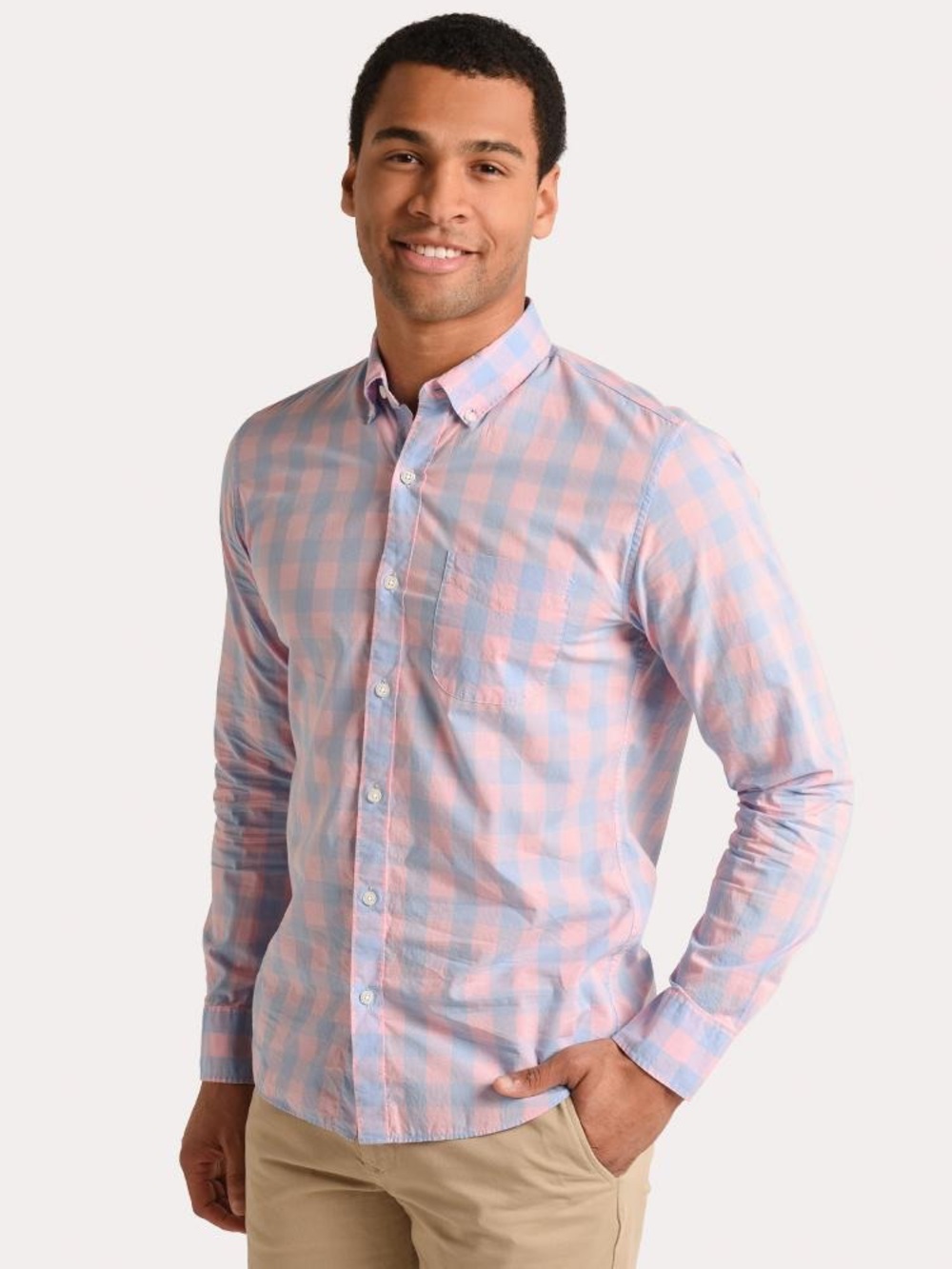 Bonobos Men’s Standard Fit Summer Weight Button Down Shirt Pink/Blue Check 4XL